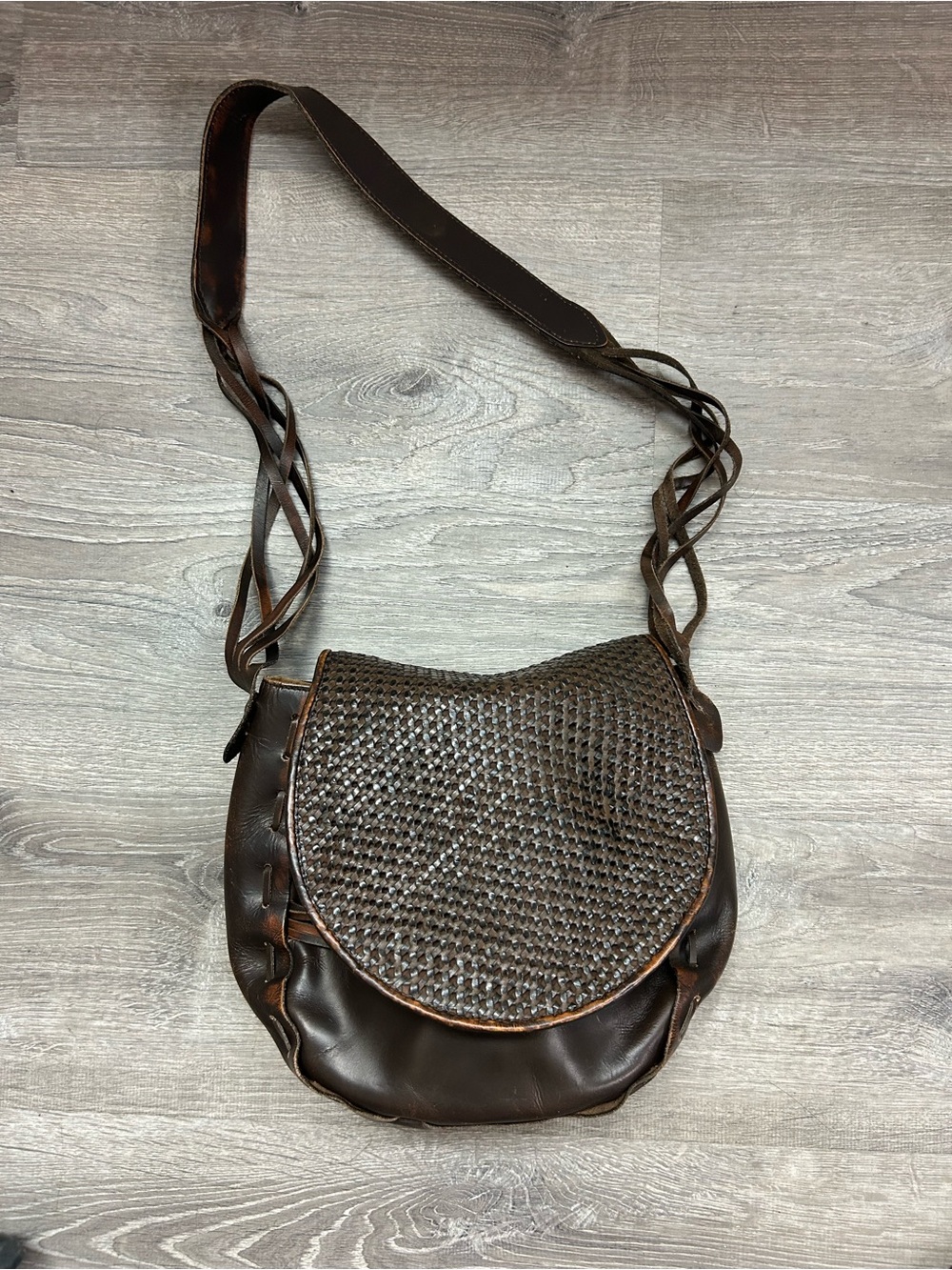 Patricia Nash Dark Brown Woven Leather Crossbody Bag